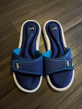 Nike Blue Slide Sandals with Teal and Yellow Details